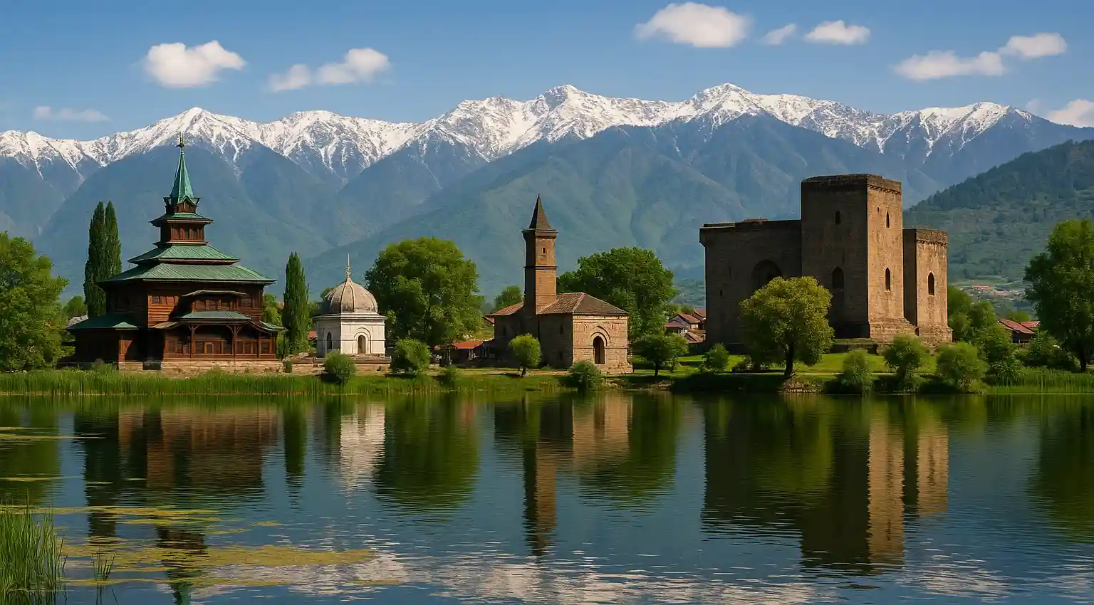 Badgam district villages. Beautiful mountains and a lake visible in this scene.