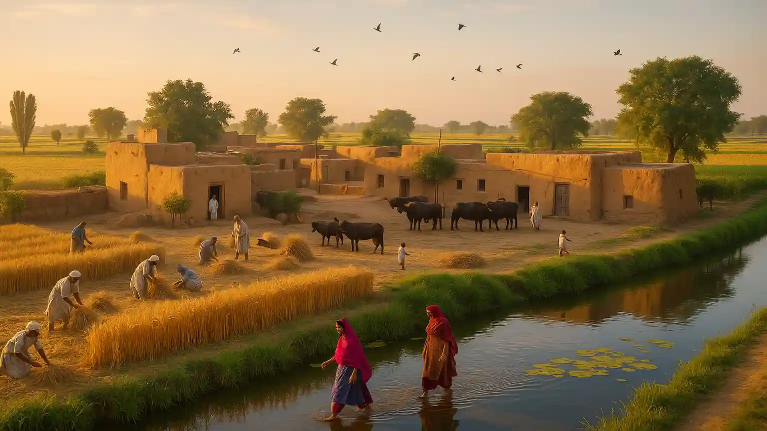 Agra village scene. Villagers are harvesting the crops.