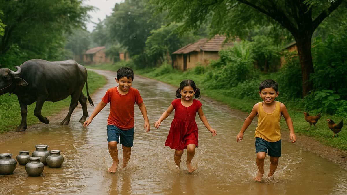 Kids playing in rain. Jagar pur village scene.