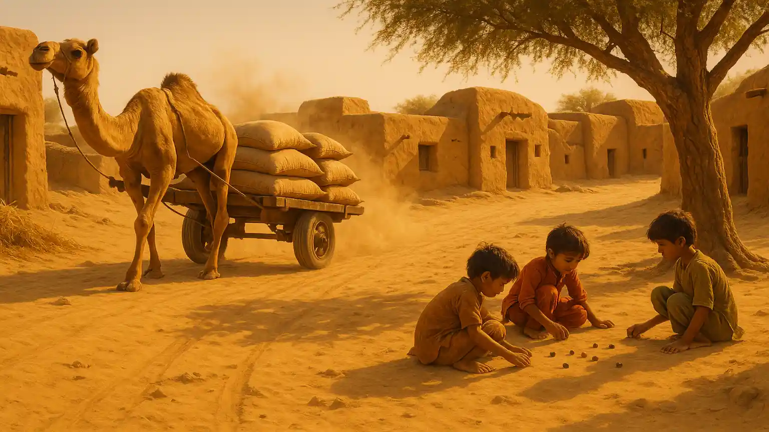 Kukrusa village scene. A camel on street and two kids playing.