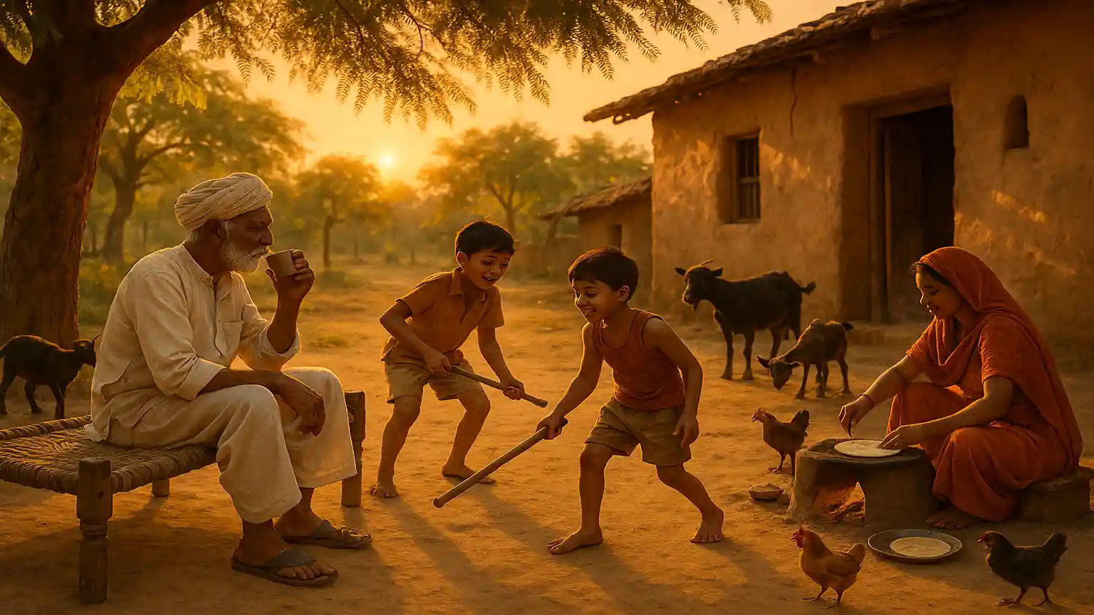 Kupwara Village scene. Playing with each other, mud house in background