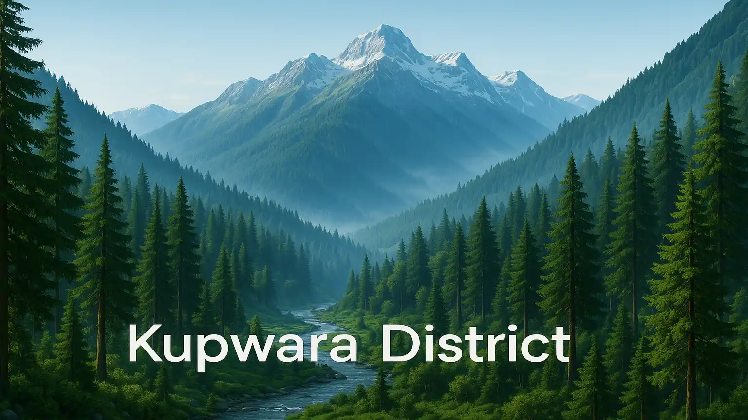 Kupwara district of Jammu and Kashmir. Green forest mountains and lake flowing.