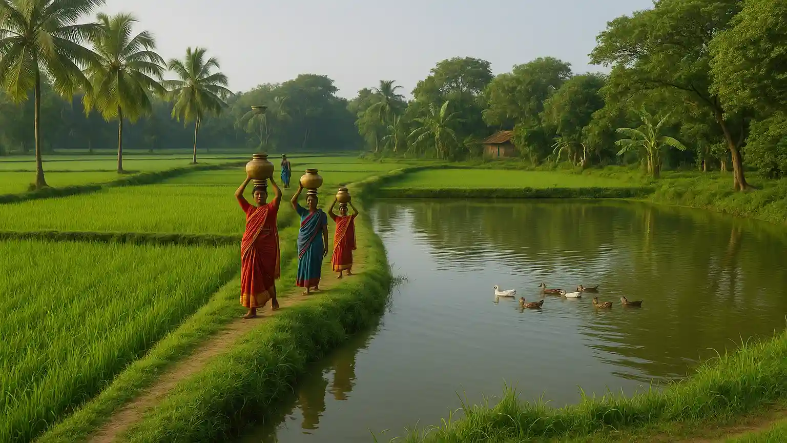 Villages in Adilabad district. Village women walking in fields.
