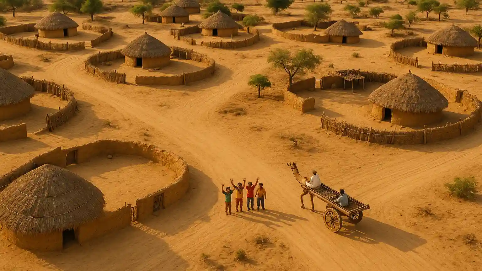 Villages in Alwar district of India. Kids standing in desert waving hands.