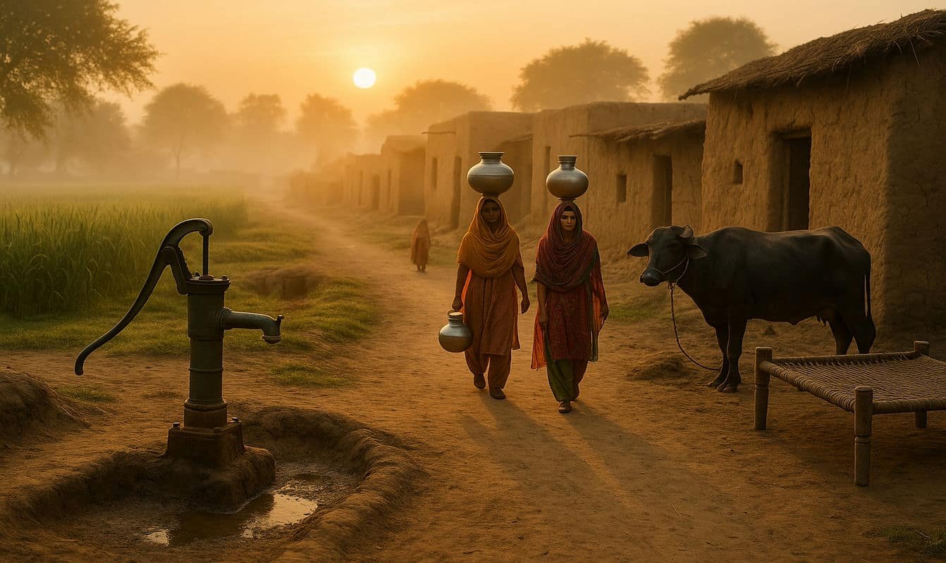 Chandi Gam village, women walking on street and a buffalo standing nearby
