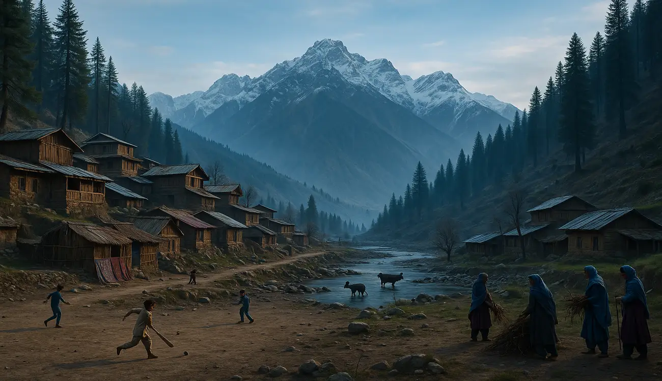 Kids playing in Keran Village and mountains in the background.